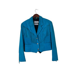 Turquoise Blue Vintage Retro Suede Fringe Pioneer Wear Leather Western Jacket